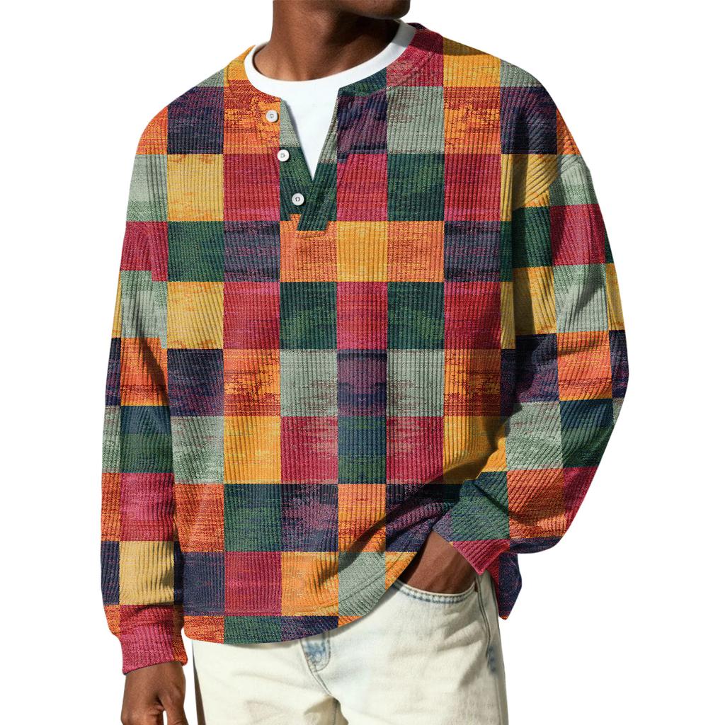 Męski sweter z dzianiny prążkowanej z długim rękawem, z kołnierzykiem zapinanym na guziki