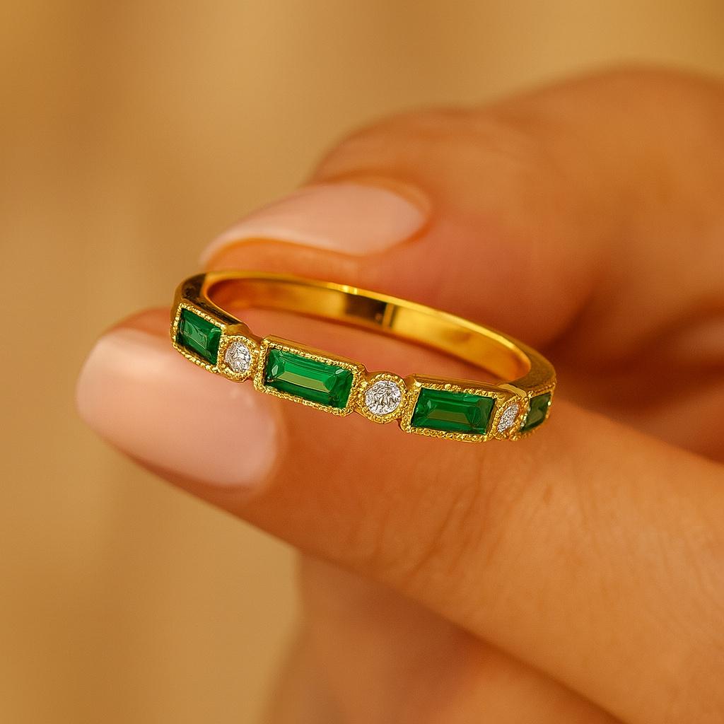 Emerald Half Eternity Band In Yellow Gold Plated – May Birthstone Ring, Emerald Wedding Band, Stacking Ring, Dainty Emerald Engagement Ring for Women