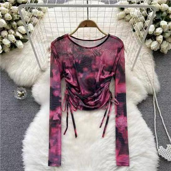 Stylish Summer Tie-Dye Mesh Long-Sleeve T-Shirt with Drawstring