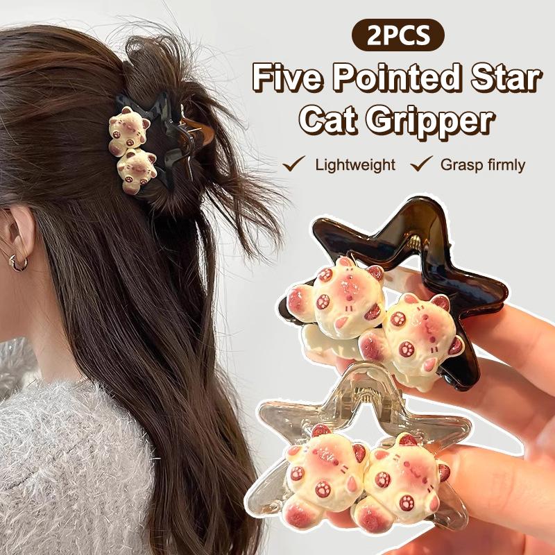 2Pcs Cute Star Hair Claw Clips Y2K Star Cartoon Cat Designs Headwear Long Curly Straight Hair Ponytail Holder Summer Hairpins