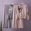 Womens Elegant Knit Set With Floral Embroidery Crewneck Sweater Wide-Leg Casual Pants
