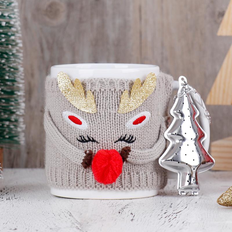 Christmas Ceramic Mug with Knitted Santa Sleeve & Tree Tea Infuser Festive Tea Cup Set Xmas Gift for Tea Lovers