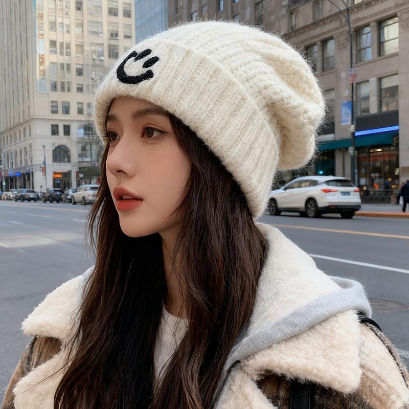 Breathable Acrylic Beanie With Face Pattern For Casual Daily Wear CreamWhite