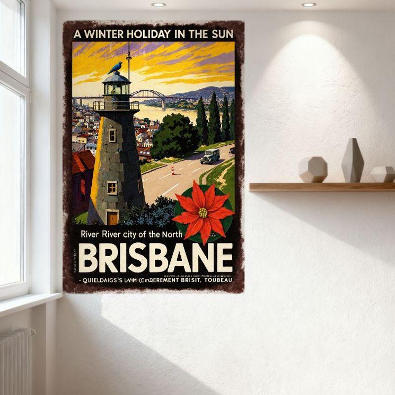 Vintage Brisbane 'A Winter Holiday in the Sun' Metal Tin Sign, Lighthouse Red Poinsettia Retro Travel Poster for Home Bar Cafe M