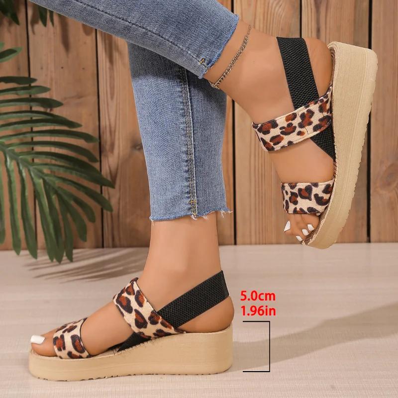 Fashion Leopard Print Wedge Sandals Women 2025 Summer Comfort Thick Sole Beach Shoes Woman Lightweight Platform Sandalias Mujer