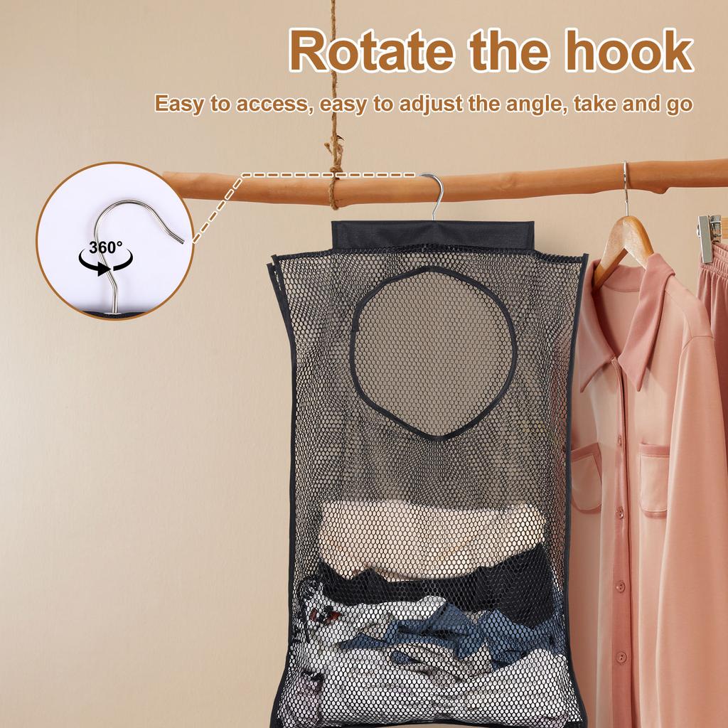 Dirty Clothes Storage Bag Basket Foldable Laundry Basket Wall Hanging Household Clothing Organizer with Hook Bathroom Mesh