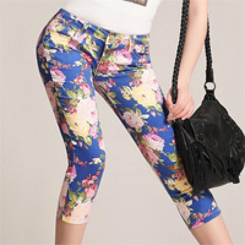 Women's Slim-Fit Printed Cotton Pencil Pants, Mid-Waist, Elastic, Urban Style