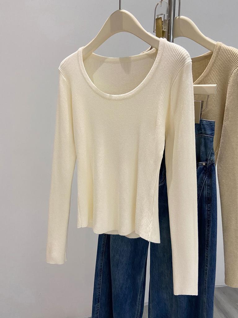 Retro u-neck knitted sweater bottoming sweater women's autumn and winter soft waxy long-sleeved front shoulder slim-fitting and thin inner top