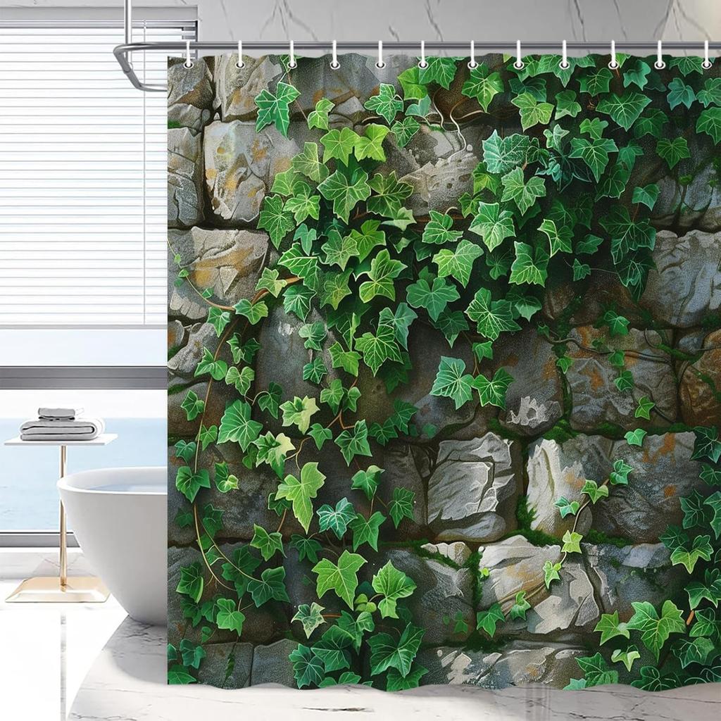 Green Leaf Wall Climbing Plant Shower Curtain Spring Summer Rustic Green Vine Nature Bathroom Decoration Polyester Waterproof