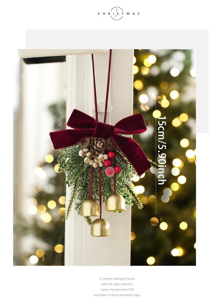 Velvet Bow Bell Ornament with Pine Cone for Christmas Tree Decoration