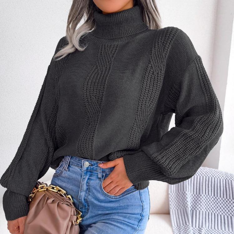 Women Autumn Winter Fashion High Neck Knitwear Top Lantern Sleeve Fried Dough Twist Sweater Bottoming