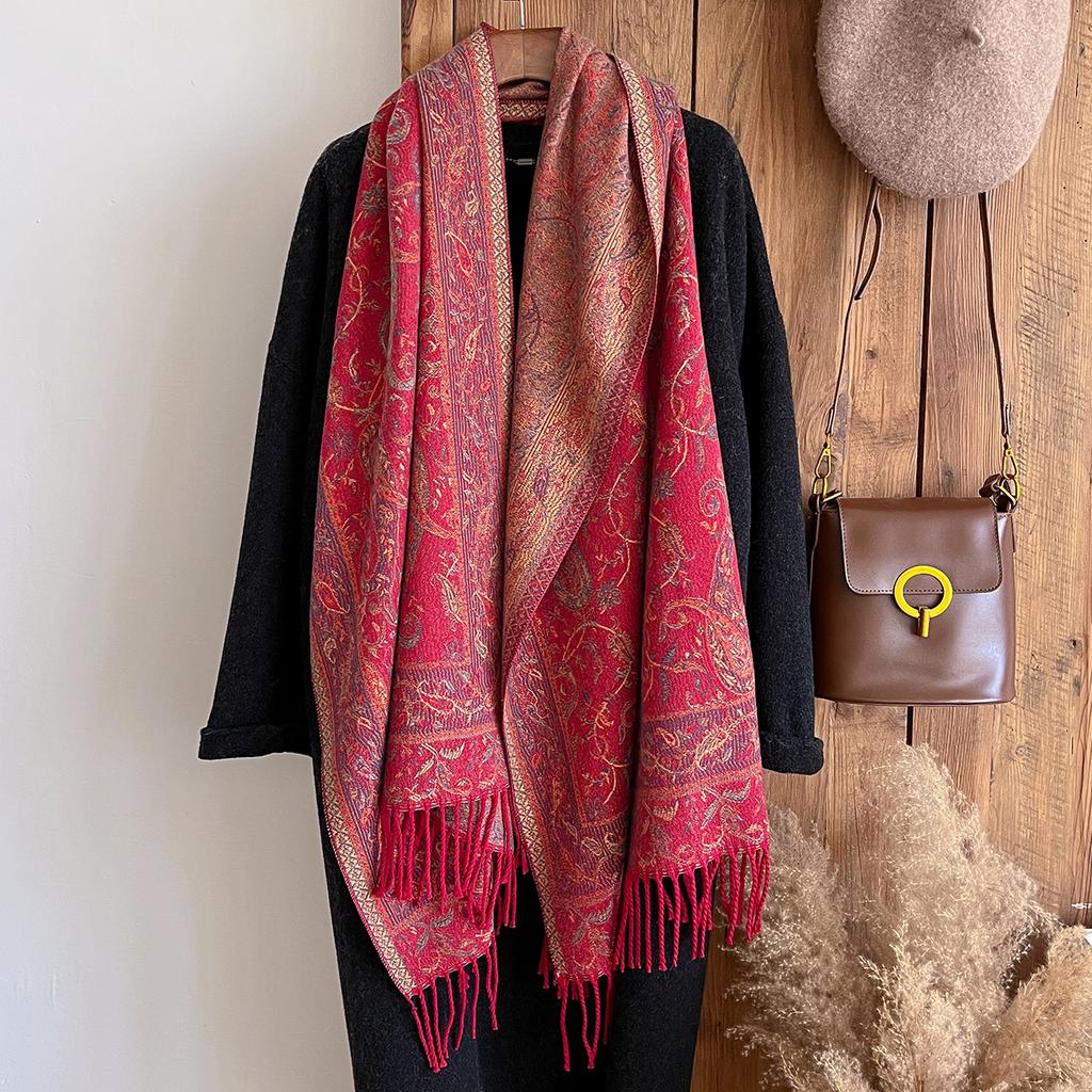 Fashion Winter Cashmere Shawl For Women - Tasseled Vintage Floral Printed Oil Painting Style Pashmina Thick Scarf & Poncho