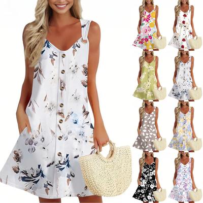 Women's Summer Dress With Pocket Sleeveless Floral Print Sundress