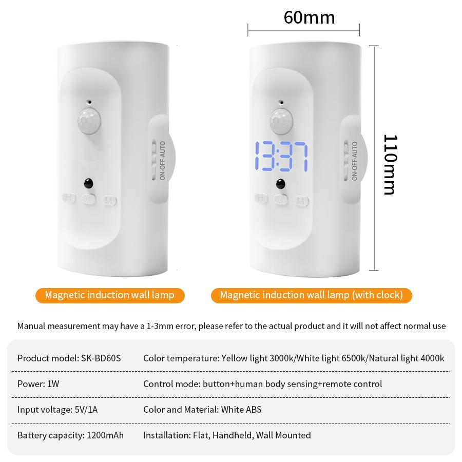 Human Body Induction Wall Lamp 3 Colors Magnetic LED Charging Atmosphere Lamp Remote Control Clock Aisle Bedside Night Light