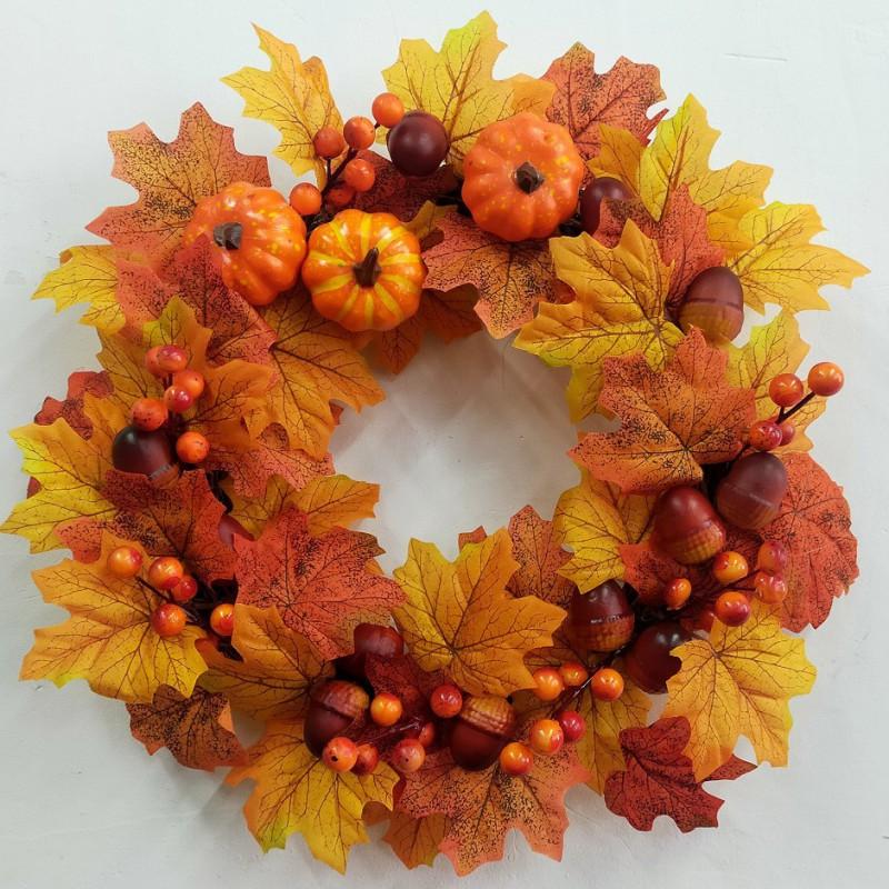 Harvest Wreath With Pumpkins Maple Leaves
