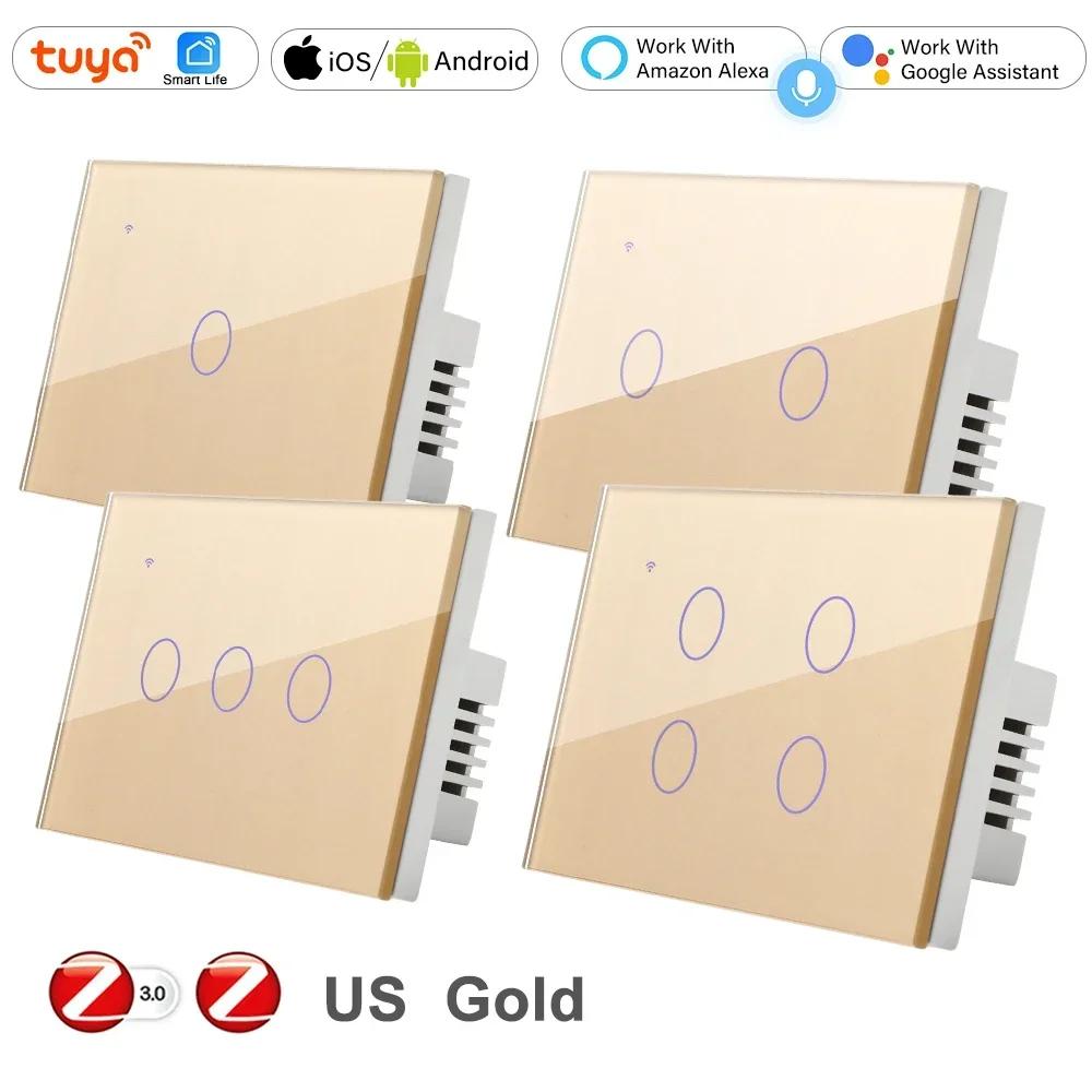 

Smart Life Wall Touch Light Switch Timer For 110V 220V Lamp On Off Remote Control Two Way with no Neutral Tuya ZigBee US Brazil Live and Neutral&1-Gang золотой