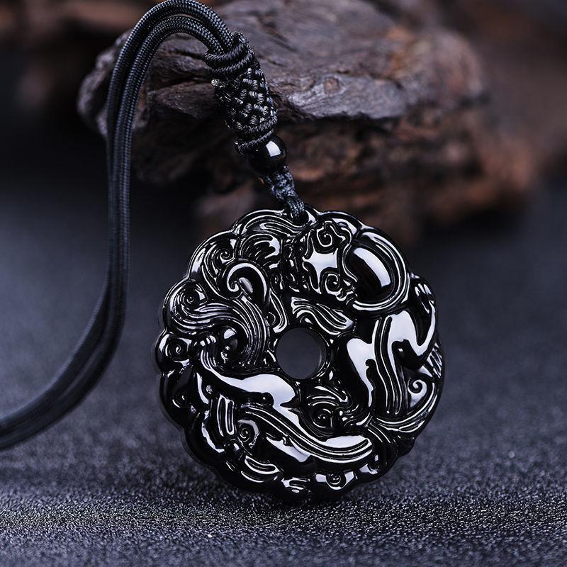 Natural Obsidian Double Pixiu Safety Buckle Pendant - Golden Obsidian Crystal Charm