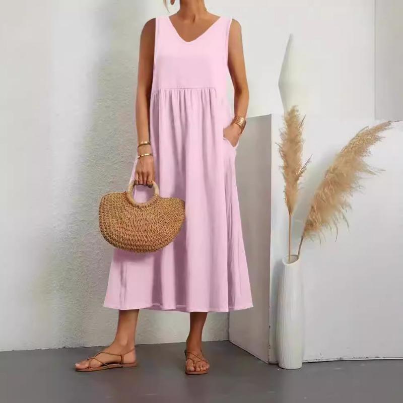 Fashionable Summer Temperament Women's Solid Color Cotton Linen Loose V-neck Dress