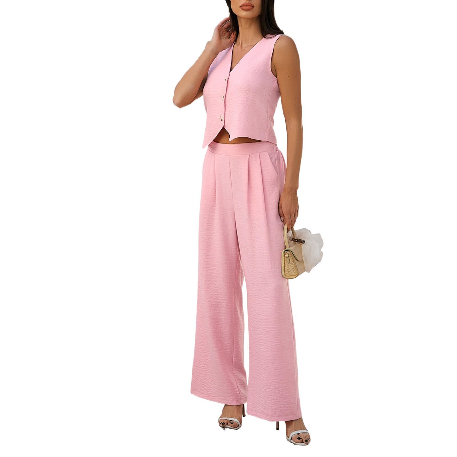 

Женский свободный повседневный однотонный жилет с V-образным вырезом и широкими брюками, комплект из жилета и широких брюк XL розовый