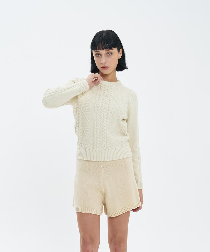 BLOND9 Fisherman Cable Wool Knit Sweater_Cream