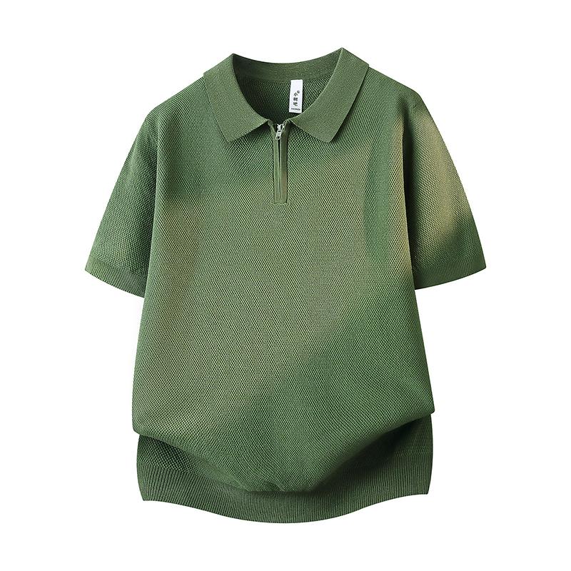 Solid Color Half Zipper Lapel Ice Silk Knitted Sweater POLO Shirt Men's Breathable Thin Short Sleeved T-shirt