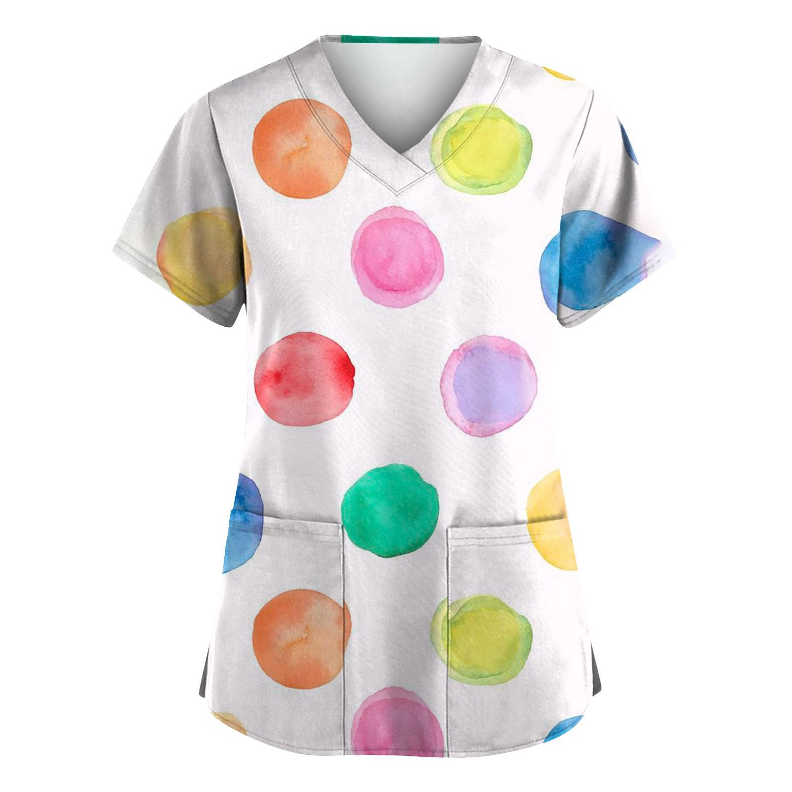 Women s Fashion V-neck Short Sleeve Workwear With Pockets Printed Tops XXXL