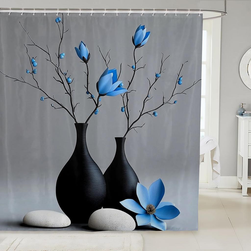 Zen Stones Bath Curtain with Hooks,White Vase Blue Flowers Aesthetic Waterproof Shower Curtain,Japanese Floral Simple Bathroom