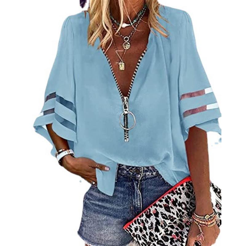 

2023 New V-neck Zipper Shirt Half Flare Sleeve Mesh Patch Loose Casual Shirt for Women