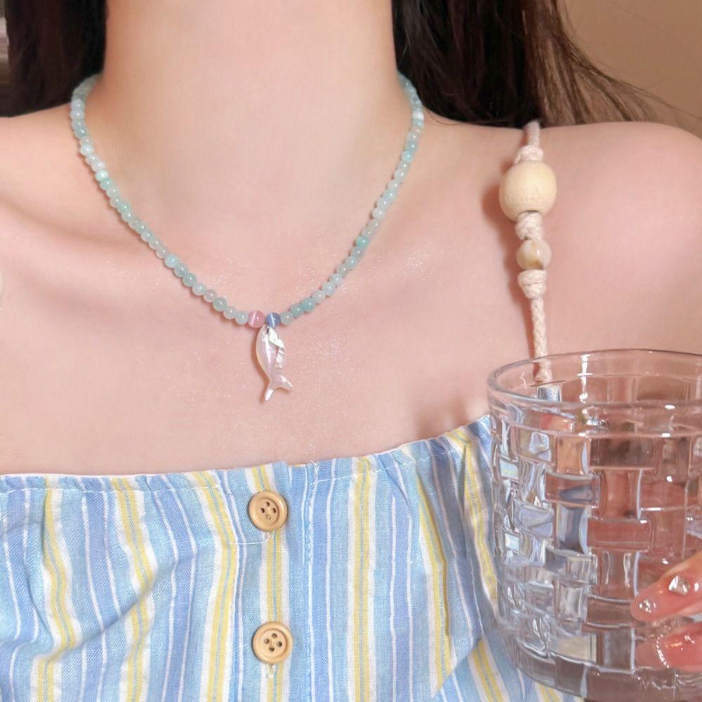Sweet Mini Fish Necklace Colorful Ocean Style Beach Choker Vintage Beads Pendant Necklace  Summer