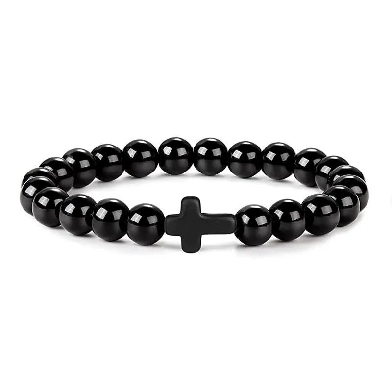 

Fashion Natural Stone Beaded Bracelet For Men Women Cross Charm 8MM Beads Chain Elastic Bangle Prayer Jewelry Accessories