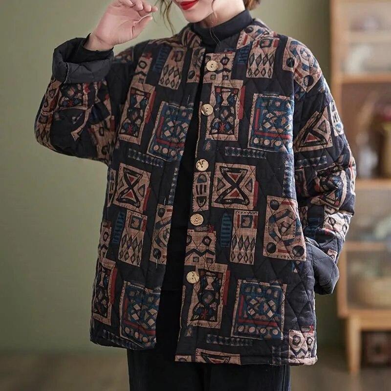 Johnature Chinesischen Stil Vintage Kragen Baumwolle Kleidung Herbst Winter Frau Lose Lange Ärmel Baumwolle Kleidung