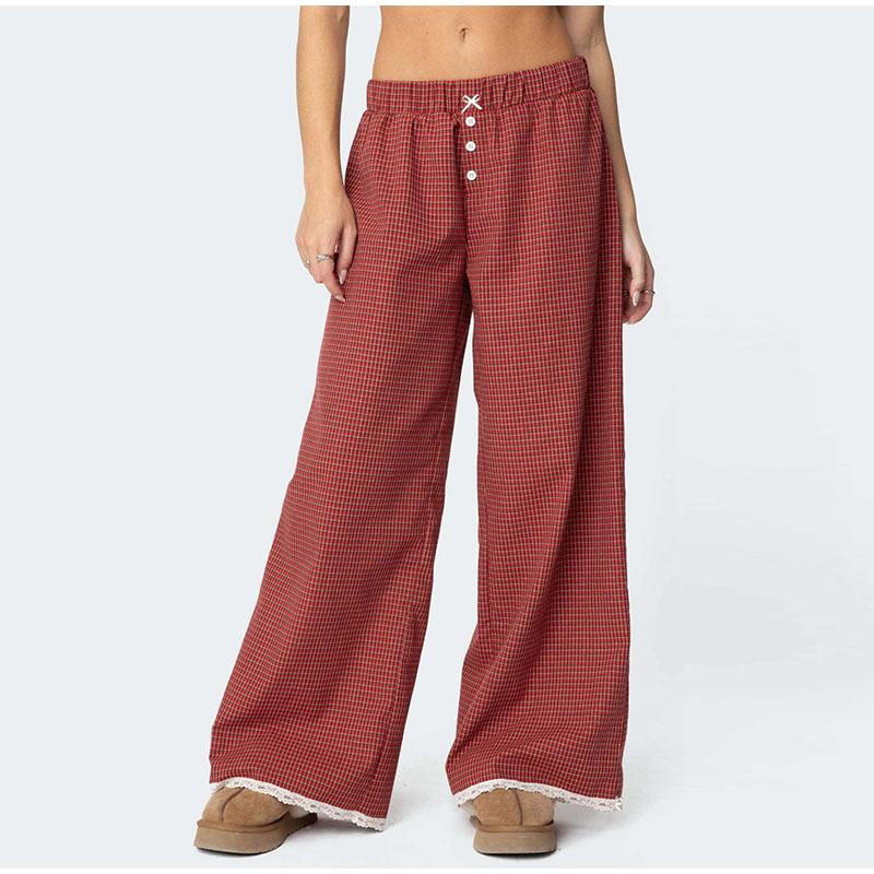

Повседневные прямые брюки из кружева в клетку, женские, ретро, красные, свободные, широкие, с высокой талией, длинные брюки, женские, весна-осень 2025 года, универсальные повседневные брюки L оранжевый