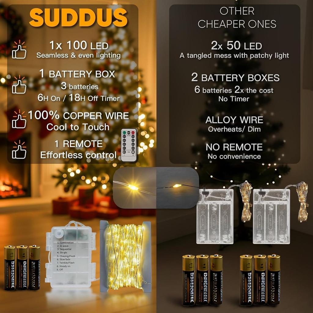 suddus Fairy Lights Battery Operated 33ft 100 LED String Lights Remote