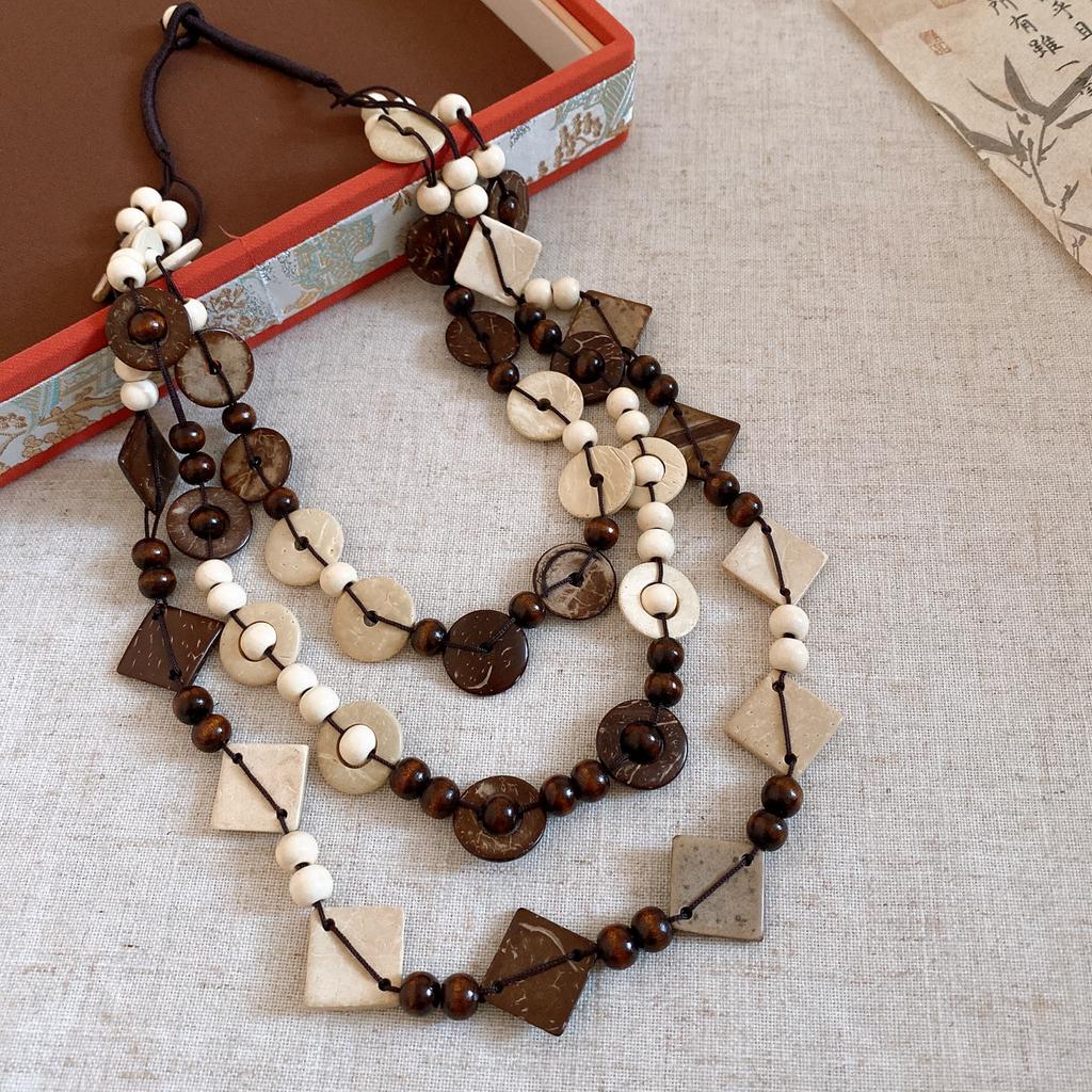 Bohemian Multi-layer Wood Bead Coconut Shell Flower Necklace Accessories Women's Exaggerated Sweater Chain Light Luxury Premium Sense Accessories
