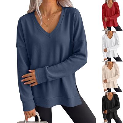 Women's Knit V-Neck Long Sleeve T-Shirt Loose Fit Color Top for Casual Everyday Wear