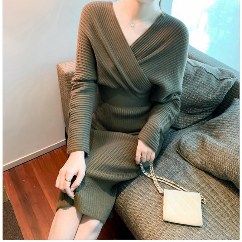 Women's V-neck High Waist Sweater Slim Long Sleeve Mid-length Knitted Dress