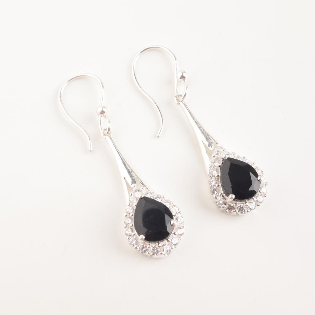 Natural Black Onyx Gemstone 925 Solid Silver Jewelry Zircon Long Earrings 1.86" CZE-7-17