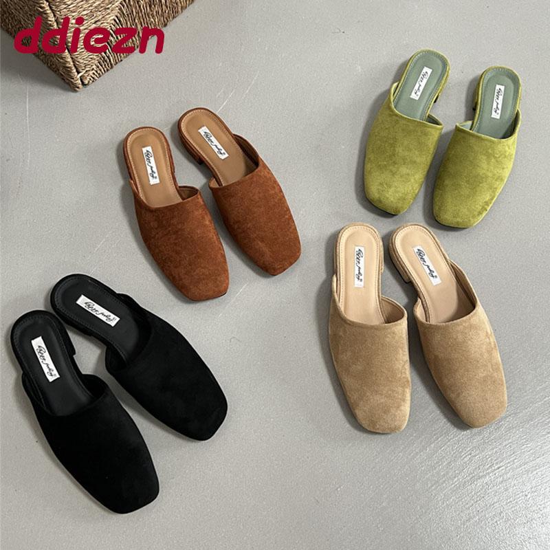 Fashion Luxury Flats Slippers Shoes For Women Mules Summer Spring Fashion Square Toe Ladies Flats Slippers Female Slides Sandals Shoes