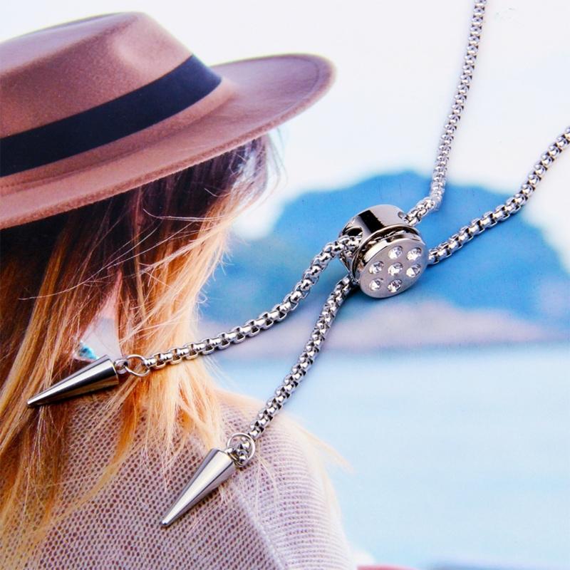 Geometric Designs Titanium Necklace Adjustable Chain and Cubic Zirconia Accent Clavicle Chain for Fashion Women