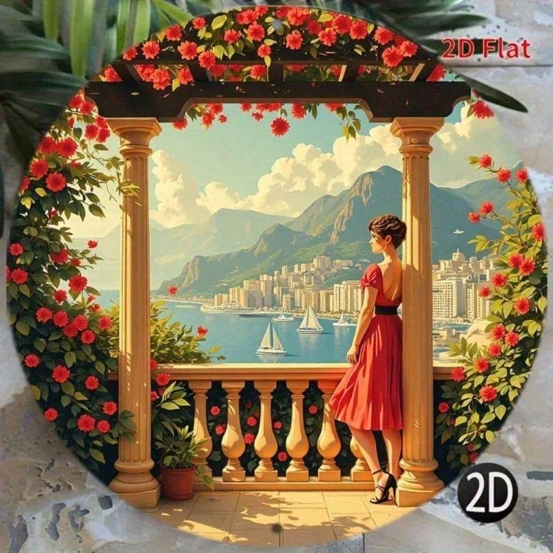 

Vintage Metal Poster Woman On Balcony Red Dress Mountain Landscape Wall Art For Living Room