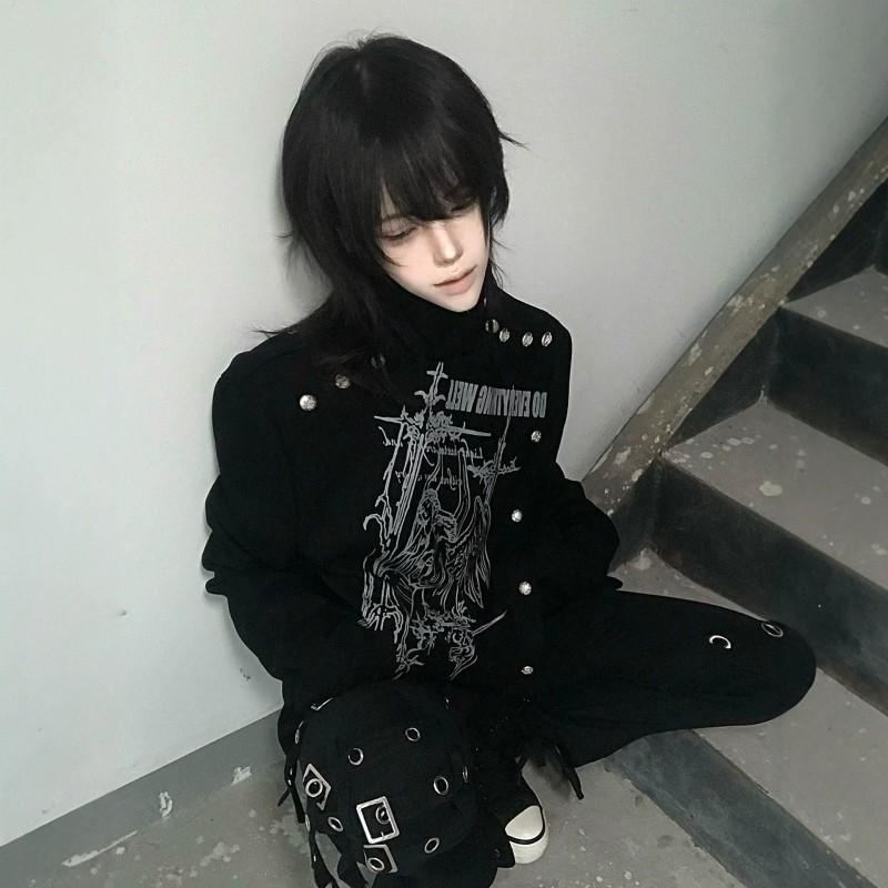 Punk Subculture Black Oversized Jacket Teens Short Buttoned Streetwear Visual Kei Top Winter