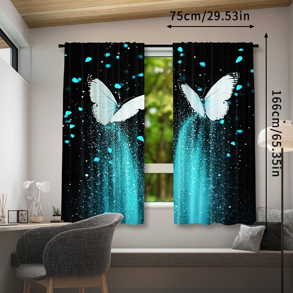 Set Of 2 Digital Printed Retro Blue Luminous Butterfly Living Room Curtain Furniture Bohemian Curtains Made Polyester Sitting Window Treatment