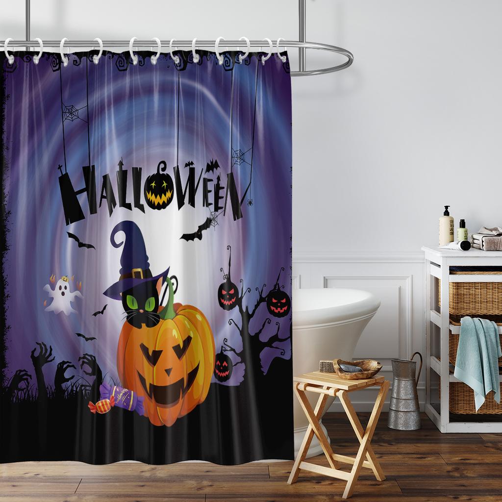 1pc Halloween Pumpkin Print Waterproof Shower Bathe Partition Privacy Hanging Curtain 12 Hooks Multiple Sizes Easy Installation