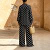 Damen Zweiteiler mit Polka Dots Langarm Locker geschnittenes Hemd mit elastischem Bund Weite Hosen Set