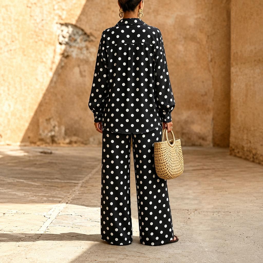 Damen Zweiteiler mit Polka Dots Langarm Locker geschnittenes Hemd mit elastischem Bund Weite Hosen Set