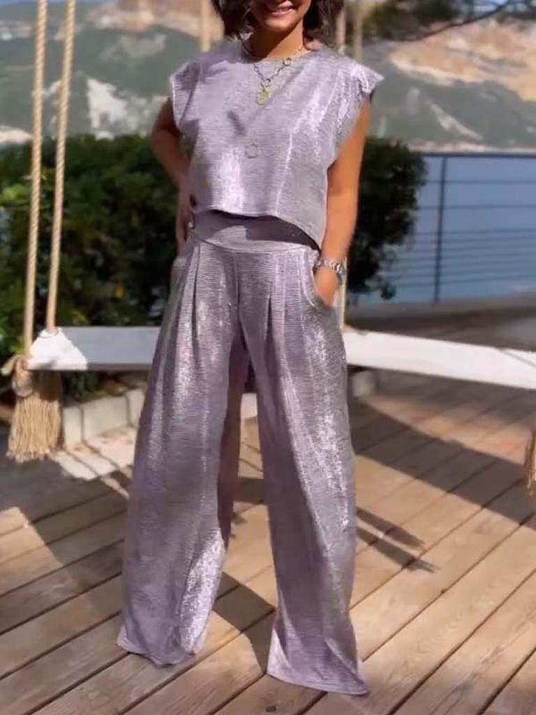 Summer New Arrivals Women's Fashion Casual Shiny Backless Wide Leg Pants Two-Piece Set