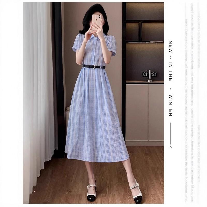 Light Blue Striped Shirt Dress Women High-Waisted Short Sleeve Midi Relaxed Fit Casual With Piqu Collar