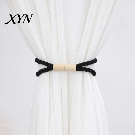 Wall Damage Free Curtain Holder Magnetic Tieback, Cotton Linen Rope Holdback with Wood Buckle for Tool Drapes, Decorative Tie Backs Bedroom,