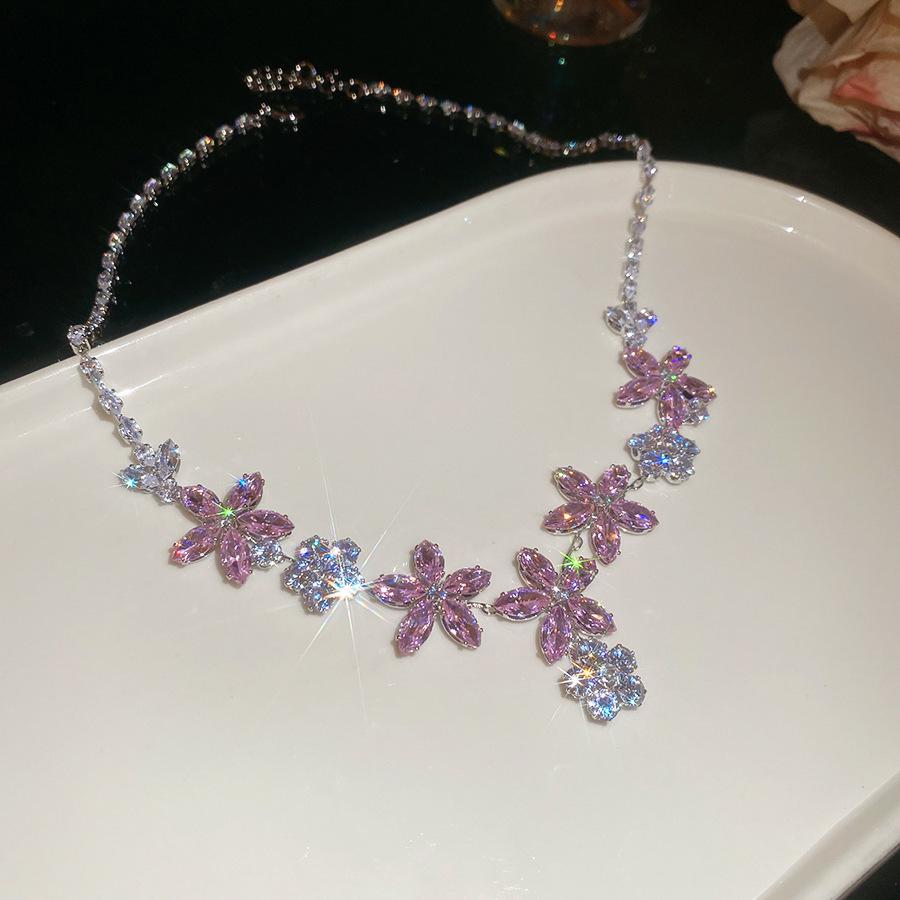 Zircon Floral Water Drop Pendant Earrings & Necklace Set - Trendy Design Clavicle Chain Accessory