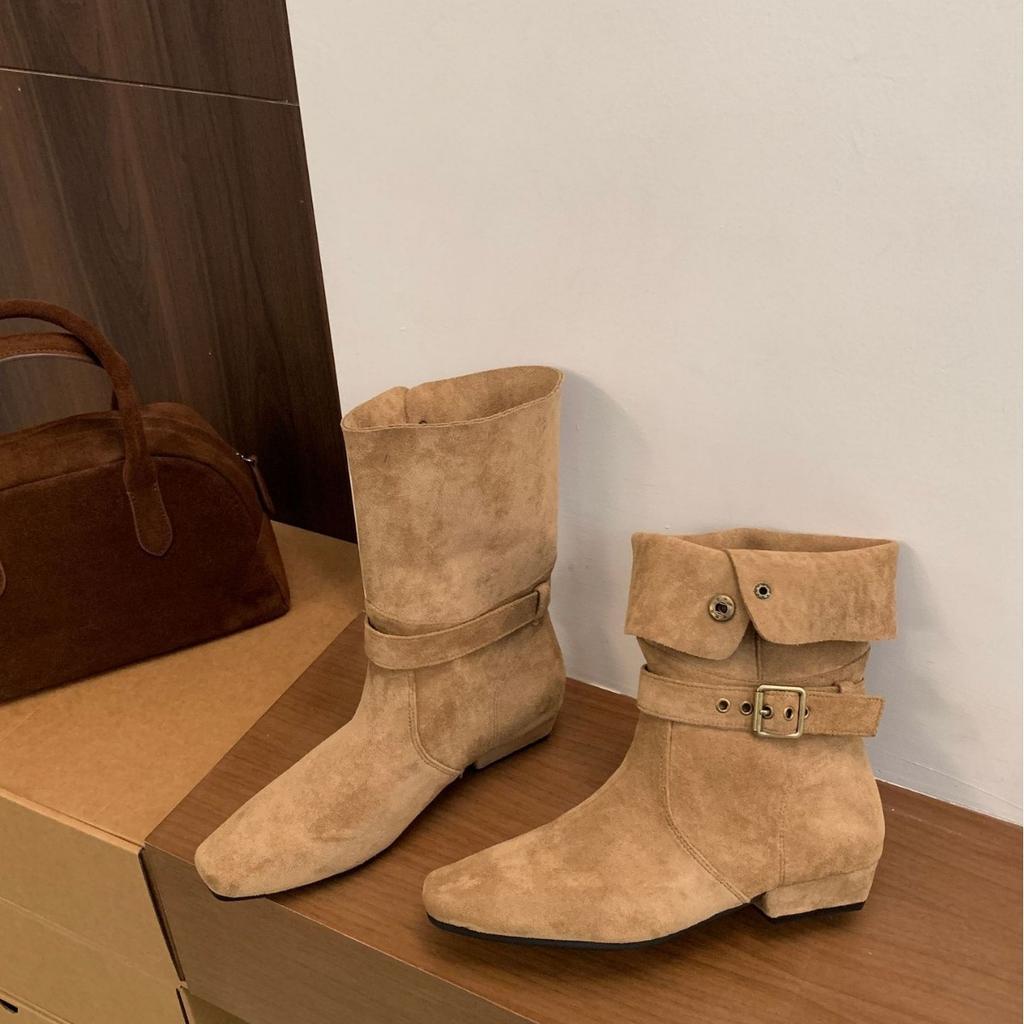 2025 Winter New Suede Low Tube Button Thick Heel Two Wear Low Tube Martin Fashion Women's Short Boots